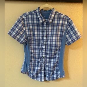 Kuhl Born In The Mountain Suono Button-Up Top Womens L Blue Plaid Short Sleeve